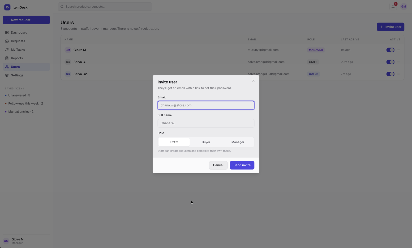 Invite user dialog